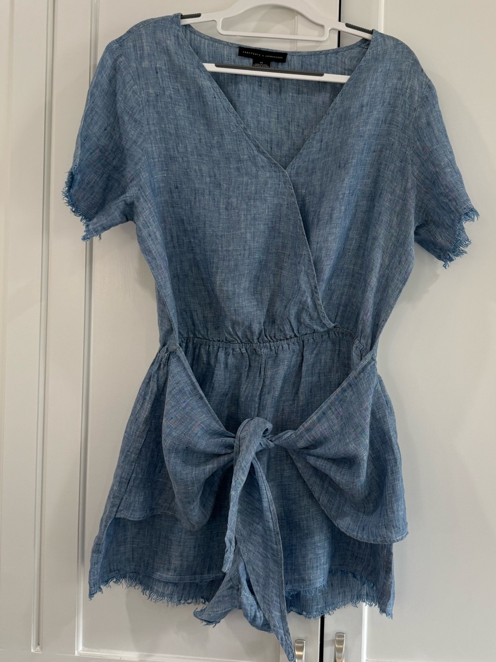 Sanctuary 100% Linen Blue Short-Sleeve Wrap Jumpsuit shorts with Tie Waist